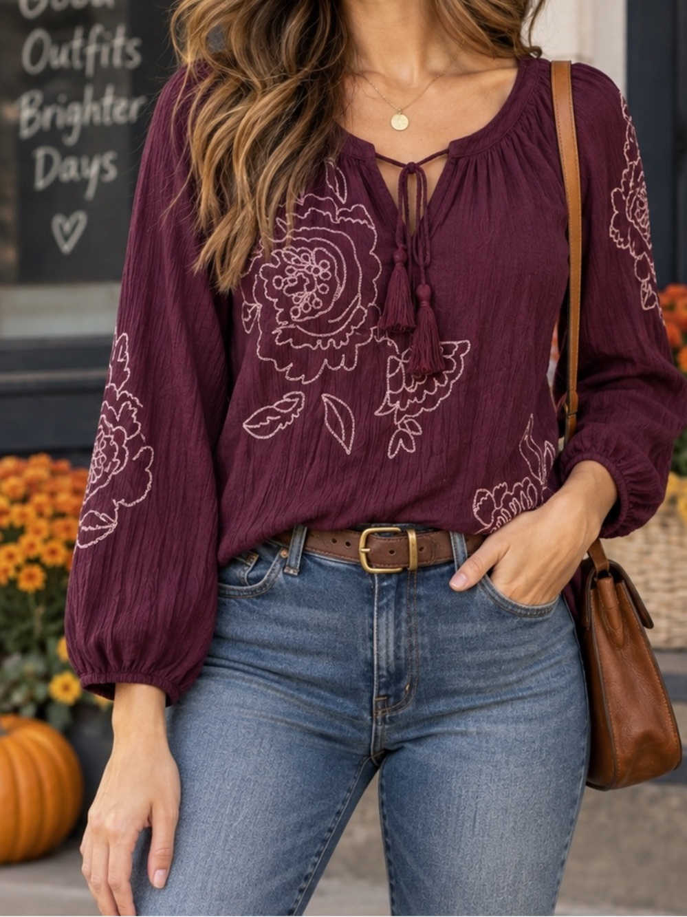 Style & Co Burgundy Embroidered Boho Peasant Top Tassel Tie Size S